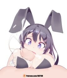 azusagawa_sakuta black_hair blowjob blue_eyes breasts bunny_ears bunny_girl bunnysuit cum cute hotvr kissing_penis licking_penis long_hair oral paizuri petite pov sakurajima_mai seishun_buta_yarou_wa_bunny_girl_senpai_no_yume_wo_minai titjob white_background