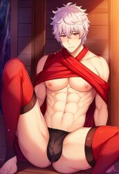 1boy abs ai_generated blush bulge embarrassed gintama gintoki_sakata male male_only muscular muscular_male nai_diffusion pecs red_eyes red_legwear red_thighhighs sitting solo spread_legs stable_diffusion sweatdrop thighhighs underpec white_hair