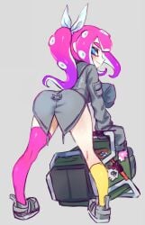 1girls 2019 ass asymmetrical_legwear blue_eyes blush closed_mouth female from_behind full_body hair_ribbon implied_bottomless jtveemo legs_apart light-skinned_female light_skin long_hair long_sleeves looking_at_viewer looking_back nintendo octoling octoling_girl pink_hair ponytail pseudo_hair ribbon smile splatoon splatoon_(series) splatoon_2 teasing tentacle_hair