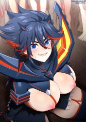 1girls background_characters big_breasts black_hair blue_eyes breasts female huge_breasts human kamui_(kill_la_kill) kill_la_kill looking_at_viewer matoi_ryuuko neocoill nipples red_hair red_highlights senketsu solo_focus sweat sweatdrop tomboy