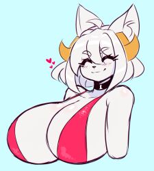 1girls 2022 2d animal_ears anthro big_breasts blue_background blush blush_lines breasts choker closed_eyes closed_mouth clothing cropped_torso eyelashes furrreun furry furry_female furry_only happy heart original_character short_hair sketch smile smiling topwear white_body