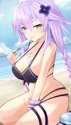 1girls beach big_breasts bikini bimmy blue_eyes braid breasts busty female female_only food kneeling large_breasts light-skinned_female light_skin long_hair looking_at_viewer multi-strapped_bikini naughty_face navel neptune_(neptunia) neptunia_(series) ocean popsicle purple_bikini purple_hair purple_heart_(neptunia) sexually_suggestive solo solo_female swimsuit thick_thighs thighs thong_bikini tongue tongue_out twin_braids water