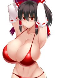 1girls alternate_breast_size armpits arms_behind_head big_breasts bikini breasts brown_hair busty cleavage facominn female female_only hair_ribbon highres huge_breasts looking_at_viewer navel ponytail pose posing red_bikini red_eyes reimu_hakurei ribbon sensual short_hair smile solo swimsuit touhou