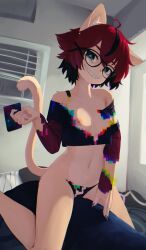 aeiou_(yoako) anthro bangs breasts colored_nails disintegrating_clothes eyewear felid female glasses glitch glitching hair hi_res inside kneeling mammal mostly_nude nails nipples original phone pupils red_hair slim solo symbol-shaped_pupils teeth teeth_showing unusual_pupils yoako