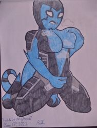 alien ben_10 ben_10_omniverse big_breasts biting_lip blue_skin bprep12 female grabbing_own_breast helen_wheels kineceleran kinscolt navel self_upload steam steaming_body traditional_art unzipped_bodysuit