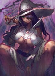 green_eyes lack midriff navel purple_hair smoke smoking_pipe squatting underboob witch witch_hat