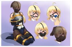 arms_behind_back ball_gag blonde_hair blue_eyes bondage bulge clothed gag gag_sequence girly harness_gag kneeling male malesub million_(abc) open_mouth_gag ring_gag rope ryner-e tape_gag twintails