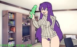 arm_behind_back bottomless cum ddlc_background dildo doki_doki_literature_club fang green_dildo hairclip holding_dildo holding_object long_hair only_sweater open_mouth pubic_hair purple_eyes purple_hair purple_pubic_hair pussy turtleneck wet yuri_(doki_doki_literature_club)