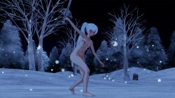 3d ass barefoot breasts completely_nude effineffer myrtenaster night nipples nude outdoors outside pussy rapier rwby snow sword training weapon weiss_schnee