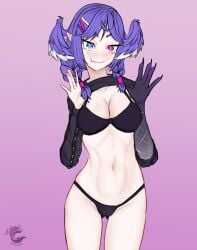 1girls belly_button big_breasts black_underwear blush cleavage dragon_girl dragon_hand hair_wings hairclip head_wings heterochromia medium_breasts midriff navel nijisanji nijisanji_en no_nose purple_hair selen_tatsuki shirt shirt_lift showing_off solo solo_female solo_focus tid3fiend twin_braids underwear virtual_youtuber