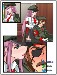 1boy 1girls 2022 abigail_(metal_slug) age_difference allexxiss aqua_eyes black_gloves blush brown_hair comic comic_page eye_patch general_morden hi_res horny_female licking_ear long_hair looking_pleasured message metal_slug metal_slug_attack military military_hat military_uniform pink_hair short_hair sleeping snk sweat white_gloves