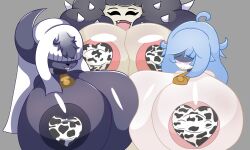 anthro big_breasts black_hair blue_hair collaboration cow_bell cow_bell_collar cow_girl horns liara_(nappery) liz_(mrchomp1) milf mothers_day mrchomp1_(artist) nappery nikki_(kipperboi) nipple_covers nipple_piercings nipples original_character original_characters pokemon pokemon_species spikes white_hair