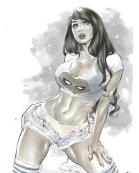 1girls big_breasts cleavage denim denim_shorts ed_benes_studio iago_maia kneeling long_hair marvel marvel_comics mary_jane_watson mascara stockings tagme white_panties