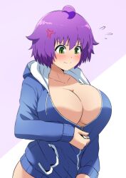 1girls ahoge anger_vein angry artist_request big_breasts blush breasts busty cleavage female female_only green_eyes highres huge_breasts jacket large_breasts no_bra purple_hair short_hair solo wardrobe_malfunction yukino_akaihi zipper