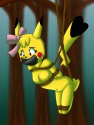 anthro arms_behind_back arms_tied_behind_back bondage bound bound_ankles bound_arms bound_legs cosplay_pikachu forest furry gag gagged hairbow lost_media outside pikachu pokemon restrained rope rope_bondage solo suspension suspension_bondage tape_gag taped_mouth tied_up x-gag