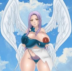 1girls 4_wings angel angel_wings ass_visible_through_thighs big_forehead canon_bodyswap canon_genderswap canon_possession chimeraindura cyan_thong erect_nipples grabbing_own_breast hair hairy hairy_pussy hands_on_breasts huge_areolae huge_breasts margaret_liones multi_wing nanatsu_no_taizai nanatsu_no_taizai_hikari_to_yami_no_grand_cross orange_eyes possession purple_hair ripped_bodysuit ripped_clothing smile smiling smiling_at_viewer tagme thick_as_fuck thick_thighs thong unusual_pupils wide_hips wings