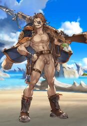 1boy abs beard belt boots cape detailed_background drawfag drawthread_request edit edited eugen_(granblue_fantasy) facial_hair genitals granblue_fantasy long_hair long_hair_male looking_at_viewer male male_focus male_only muscular muscular_male official_art official_artwork_edit pecs penis retracted_foreskin screenshot screenshot_edit solo sword uncut unknown_artist