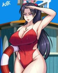 1girls arm_up armpits artist_name astlk big_breasts breasts busty character_request cleavage covered_navel female female_only large_breasts legs lipstick long_hair makeup one-piece_swimsuit parted_lips purple_eyes purple_hair red_swimsuit sensual solo swimsuit thick_thighs thighs twintails voluptuous wet