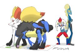 absurd_res ambiguous_gender angry anthro anus blue_body blue_fur blush braixen canid canine canis cinderace feet female fox fur furry genitals grey_body grey_fur group hi_res inteleon lagomorph lucario male mammal mr_fuwa nintendo orange_body orange_eyes orange_fur paws pokemon pokemon_(species) pussy raised_tail red_body red_fur scalie simple_background spiral_eyes tail teasing twister video_games yellow_body yellow_fur