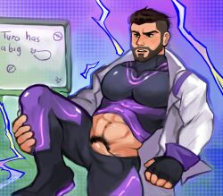 1boy abs bakkunsfw bara erection_under_clothes leg_up male male_only muscles muscular muscular_male open_coat penis_peek pokemon pokemon_sv professor_turo pubes shirt_lift solo_male