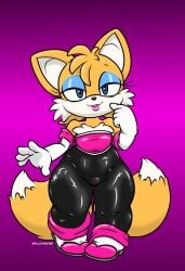 1boy blue_eyeshadow clothed clothing crossdressing eyeshadow femboy feminine_male feminine_tails fur furry furry_only girly high_heel_boots latex lipstick male male_only miles_prower pillothestar rouge_the_bat_(cosplay) solo sonic_(series) standing tail tails