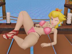 1girls 3d arm_support big_breasts bikini blonde_hair blue_eyes breasts busty cleavage feet female female_only fingering hand_in_bikini heels highres jewelry large_breasts legs lipstick long_hair looking_at_viewer lying makeup mario_(series) masturbation navel nintendo one_eye_closed pendant pink_bikini ponytail princess princess_peach seductive seductive_look seductive_pose seductive_smile solo super_mario_bros. swimsuit temmay09 thick_thighs thighs underboob wink