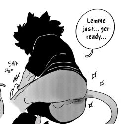 anus backsack balls black_hair bottomless dialingnumber9 english_text greyscale jonathan_(dialingnumber9) male solo solo_male sparkles tail text