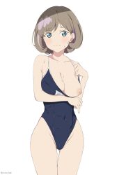 bangs blue_eyes blue_swimsuit blush breasts brown_hair cleavage closed_mouth clothes_pull coro_fae cowboy_shot female highres large_breasts looking_at_viewer love_live! love_live!_superstar!! medium_breasts nipples one-piece_swimsuit one_breast_out short_hair solo standing sweat swimsuit swimsuit_pull tang_keke thigh_gap thighs