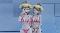 2girls 3d 3d_(artwork) big_breasts bikini blonde_hair blue_eyes breasts busty casual cherry cleavage clone curvy double_cherry female female_only food fruit highres holding_hands human jewelry large_breasts legs lips lying makeup mario_(series) multiple_girls navel nintendo pale_skin pink_bikini ponytail princess princess_peach selfcest smile super_mario_3d_world swimsuit swimwear thick_thighs thighs underboob