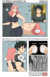 1boy 1girls ball_squeeze ballbusting balls big_balls big_breasts cbt cock_and_ball_torture green_eyes green_hair izuku_midoriya mei_hatsume muscular_male my_hero_academia pink_hair yamato_bb yamato_bb