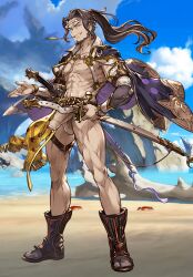 belt boots cape detailed drawfag drawthread_request edit edited gay genitals granblue_fantasy jin_(granblue_fantasy) long_hair male male_focus male_only official_art official_artwork_edit penis retracted_foreskin screenshot screenshot_edit sword tied_hair uncut unknown_artist yaoi