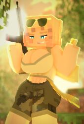 1:1 1girls 3d ar15 aviator_sunglasses big_breasts bullet camo camo_print camouflage cuteskyler huge_breasts looking_at_viewer merica_(cuteskyler) minecraft nature shorts sunglasses sunglasses_on_head tagme war