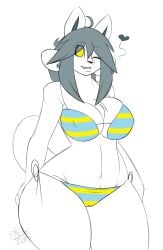 1girls 2d anthro big_breasts bikini bikini_bottom bikini_top breasts cameltoe ensayne female female_only humanoid looking_at_viewer solo solo_female stripes temmie temmie_(undertale) thick_thighs tight_clothing undertale undertale_(series) winking