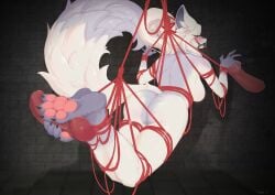 4_toes anthro blush bondage bound canid canine canis claws disembodied_penis feet female genitals hakuro_(onmyoji) hi_res leeeee_l male mammal onmyoji pawpads penis solo_focus suspension suspension_bondage toe_claws toes wolf