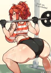 big_ass clothed eroblast gym kurage_shokushu mika_(eroblast) pussy_bulge squatting umitsuki_(kurage_no_shokushu) weightlifting working_out workout_clothes