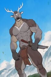 1boy abs anthro bottomwear brown_body brown_eyes bulge canyne_khai cervid chest_tuft clothed clothing hi_res horn katana loincloth looking_at_viewer male male_only mammal melee_weapon muscular muscular_male navel partially_clothed pubes solo sword thick_thighs topless tuft weapon