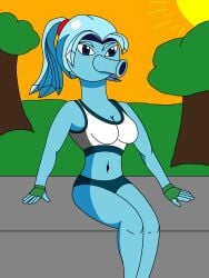 blue_skin exotron park plantie plants_vs_zombies snow_pea_(pvz) sports_bikini sports_bra sportswear sunset