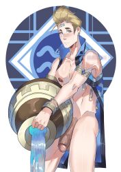 1boy aquarius_(zodiac_sign) embarrassed european_mythology greek_mythology half-erect male_only muscles muscular muscular_male mythology open_coat pouring_water public_domain shy suzumeyaoi thick_penis uncut veiny_penis zodiac