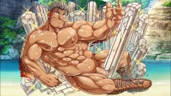 abs bombom dagon_(tokyo_afterschool_summoners) drawfag edit edited edited_official_artwork gay male male_focus male_only muscular_male naked nude official_art penis pillar rocks screenshot screenshot_edit tokyo_afterschool_summoners yaoi