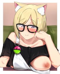 aki_rosenthal alternate_costume animal_ear_fluff animal_ears arm_rest bangs black-framed_eyewear black_shirt blonde_hair blouse blue_eyes blush breasts cat_ears closed_mouth clothes_pull commentary_request crop_top female flashing gamarenji glasses hand_on_own_cheek hand_on_own_face hololive hololive_gen_1 hololive_japan indoors long_hair looking_at_viewer medium_breasts naughty_face nipples off-shoulder_shirt off_shoulder one_breast_out oppai_challenge parted_bangs shirt short_sleeves smile solo suspenders twintails virtual_youtuber