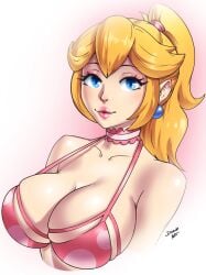 1girls artist_name blonde_hair bra breasts cleavage dracksart female female_only large_breasts lipstick looking_at_viewer makeup mario_(series) nintendo pink_lips ponytail princess princess_peach puckered_lips smile solo underwear