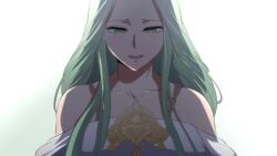 2girls blush comic edelgard_von_hresvelg femdom femsub fire_emblem fire_emblem:_three_houses game_over green_eyes green_hair long_hair looking_down necklace offscreen_character rhea_(fire_emblem) robes simple_background smile smug ze_r0_ze_r0