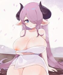 big_ass big_breasts blue_eyes blush blush_lines blushing breasts cherry_blossoms clarevoir hair_down hair_over_one_eye horns hot_spring large_breasts long_hair narmaya_(granblue_fantasy) nipple_slip nipples pink_hair shortstack small thick_thighs thighs towel wide_hips