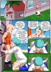 1boy 1girls 2022 blue_eyes blue_hair blush bulma_briefs bulma_briefs_(beginnings_of_dragon_ball_z) closed_eyes clothed comic comic_page deepthroat dialogue dragon_ball dragon_ball_z ear_piercing fellatio female hi_res kneeling krillin kuririn male oral outside penis popblackcherry saliva short_hair small_penis small_penis_adoration smaller_male speech_bubble straight text tubetop