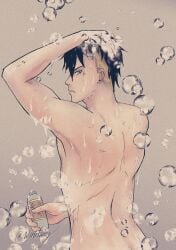 1boy black_hair blonde_hair blue_eyes boruto:_naruto_next_generations bubbles ear_piercing earrings facial_markings kawaki looking_at_viewer looking_back male male_focus male_only naked naruto naruto_(series) nude nude_male pose posing shounen_jump shower showering soap soap_bubbles solo solo_focus solo_male standing twink windweg yellow_hair