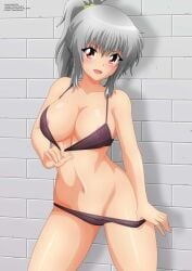 1girls big_breasts black_bra black_panties bra bra_pull breasts busty cheeky cleavage clothes_lift clothes_pull female female_only grey_hair highres kanna_albeecht large_breasts legs looking_at_viewer navel nipples open_mouth original panties panty_pull pantyshot ponytail red_eyes see-through smile solo teasing thighs underwear underwear_only yukino_memories zel-sama