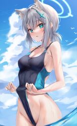 abydos_high_school_student bare_shoulders beach blue_archive blush breasts colored_nails female foreclosure_task_force_(blue_archive) heterochromia looking_at_viewer mali_apex medium_breasts midriff navel pulling pulling_clothing revealing_clothes school_swimsuit seaside seductive shiroko_(blue_archive) shiroko_(swimsuit)_(blue_archive) stomach sweat swimsuit wet wolf_ears