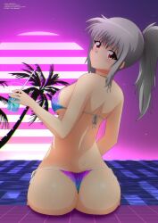 1girls ass big_ass bikini breasts butt_crack dat_ass drink female female_only grey_hair highres kanna_albeecht legs looking_at_viewer looking_back original ponytail red_eyes sideboob sitting solo swimsuit thighs thong thong_bikini yukino_memories zel-sama