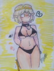 1girls 2d 2d_(artwork) ? big_breasts black_swimwear blonde_eyebrows blonde_hair blush breasts dream_sans dream_sans_(fan_character) dreamtale dreamtale_(undertale_fanfiction) dreamtale_au eyebrows female female_focus female_only human kiwii padlock padlocked_collar pencil_(artwork) pointed_ears rule_63 sans solo swimwear thighs traditional_art traditional_media_(artwork) undertale undertale_(series) undertale_au white_skin yellow_background yellow_eyes