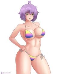 1girls artist_name big_breasts bikini blanco2k1 breasts busty cleavage female female_only green_eyes hand_on_hip highres large_breasts legs looking_at_viewer navel open_mouth pose posing purple_hair shaded_face short_hair solo swimsuit thick_thighs thighs voluptuous yukino_akaihi yukino_memories